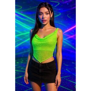 LipStick Top Women M Green Sheer Beaded Backless Statement Festival Clubwear Y2K